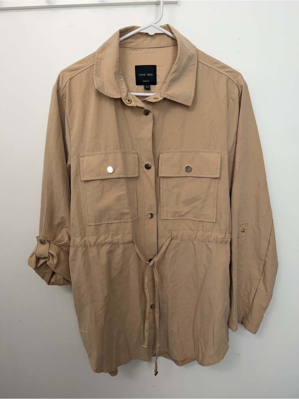 Love Tree Lightweight Beige Drawstring Utility Jacket